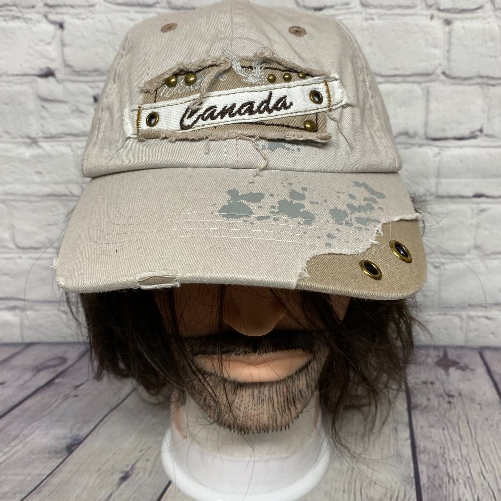 Canadian Vintage Distressed Dad Hat Cap Strap Back Brown Embroidered Casual